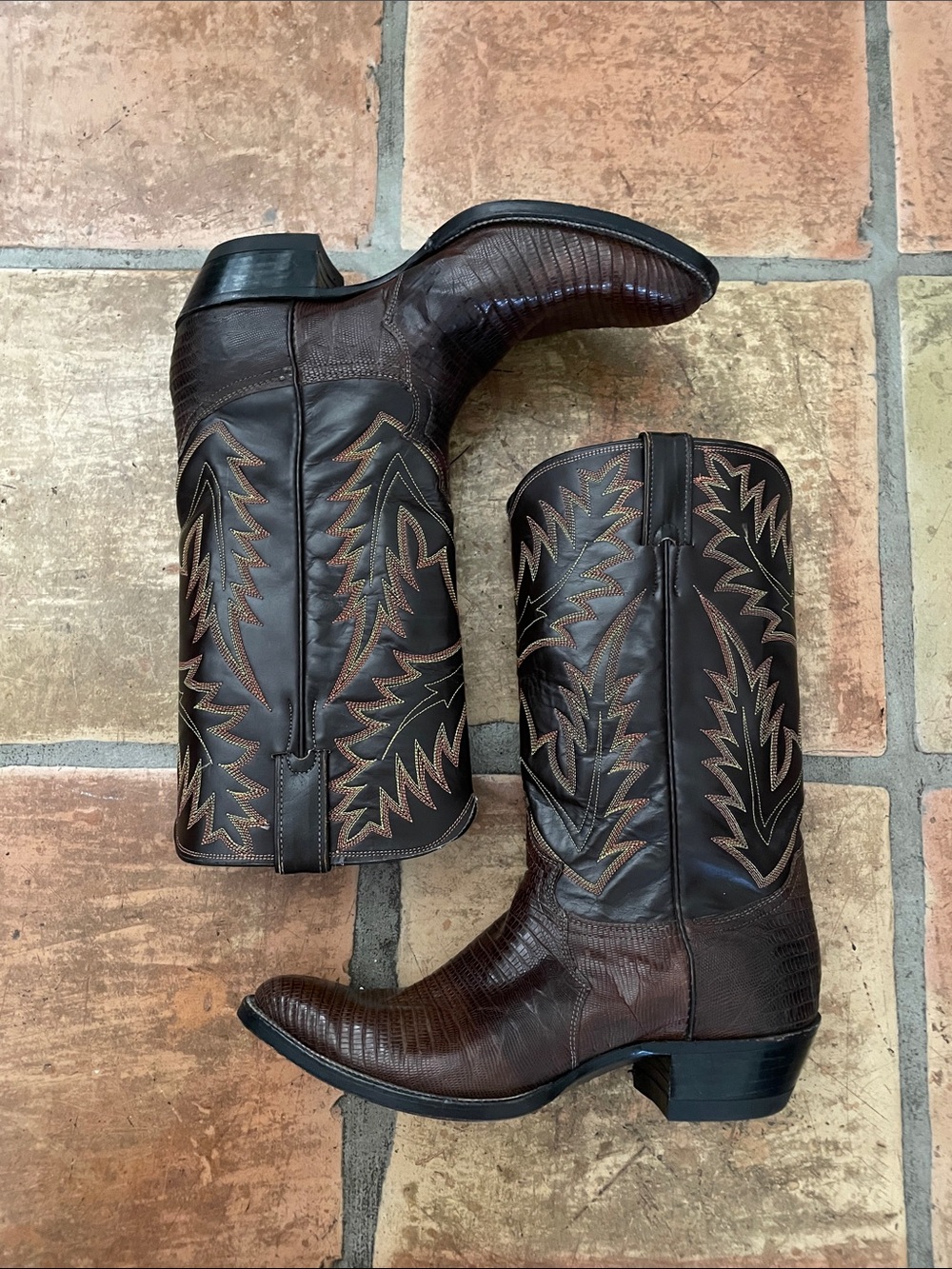 JUSTIN BOOTS Brown Lizard Leather Fancy Stitching Boots Size 9 Mens/11 Womens